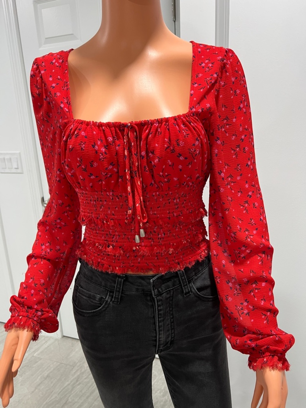 Free People Red Floral Smocked Square-Neck Crop Top